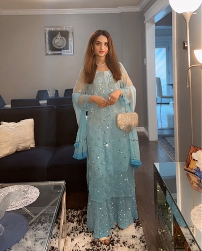Marina Aqua blue Ombré Georgette Lucknow Chikankari Mirror Sharara Set