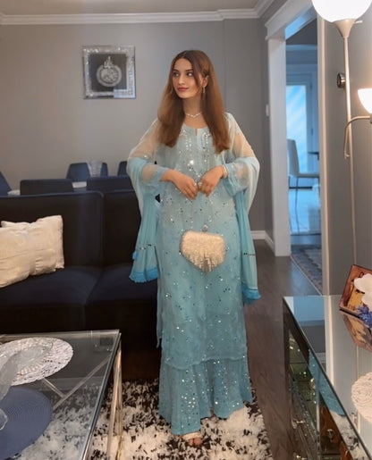 Marina Aqua blue Ombré Georgette Lucknow Chikankari Mirror Sharara Set