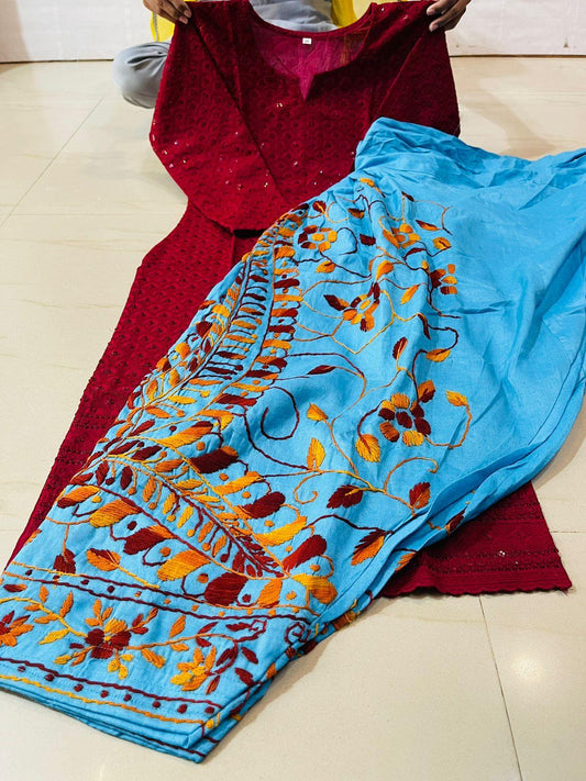 Maroon and Blue Sequined Splendor Chikankari Kurti and Patiala Salwar Set - Inayakhan Shop 