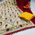 Maroon & Yellow Handmade Mirror Work Raw Silk Pom Pom Dupatta Set