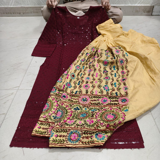 Maroon Beautiful Embroidered Phulkari Kantha Salwar & Chikankari Kurti Set - Inayakhan Shop 