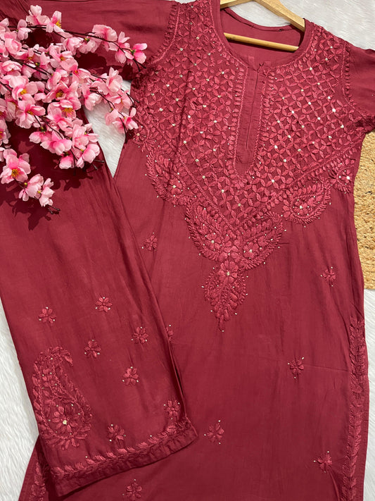 Maroon Breezy Blossoms: Pure Cotton Dyed Mukesh Work Kurti Palazzo Set - Inayakhan Shop 