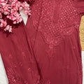 Maroon Breezy Blossoms: Pure Cotton Dyed Mukesh Work Kurti Palazzo Set