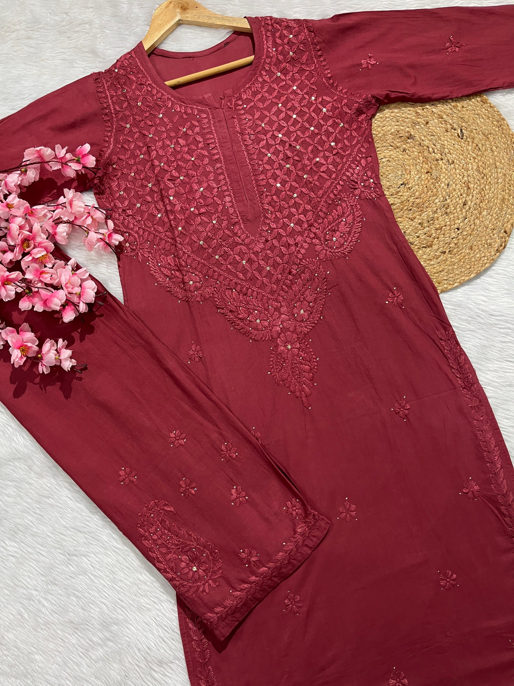 Maroon Breezy Blossoms: Pure Cotton Dyed Mukesh Work Kurti Palazzo Set - Inayakhan Shop 