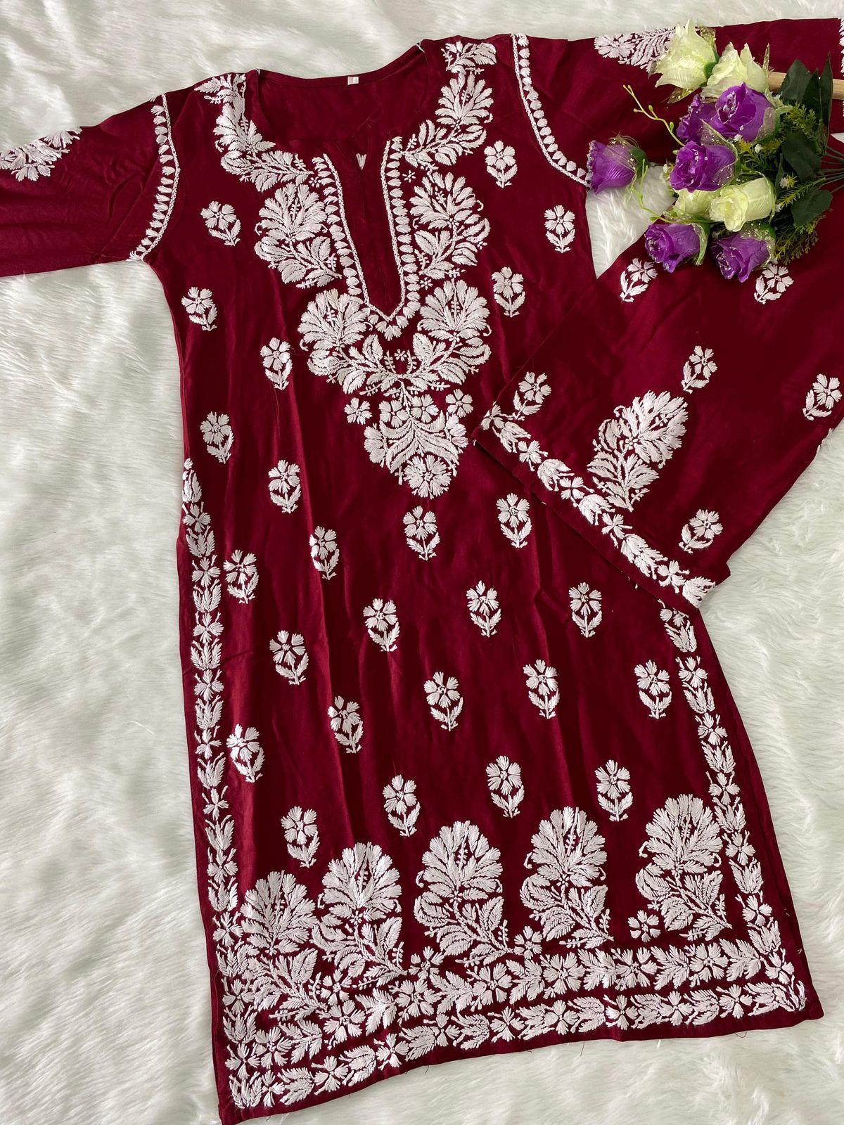 Maroon Chic Chikankari Rayon Kurti and Palazzo Set - Inayakhan Shop 