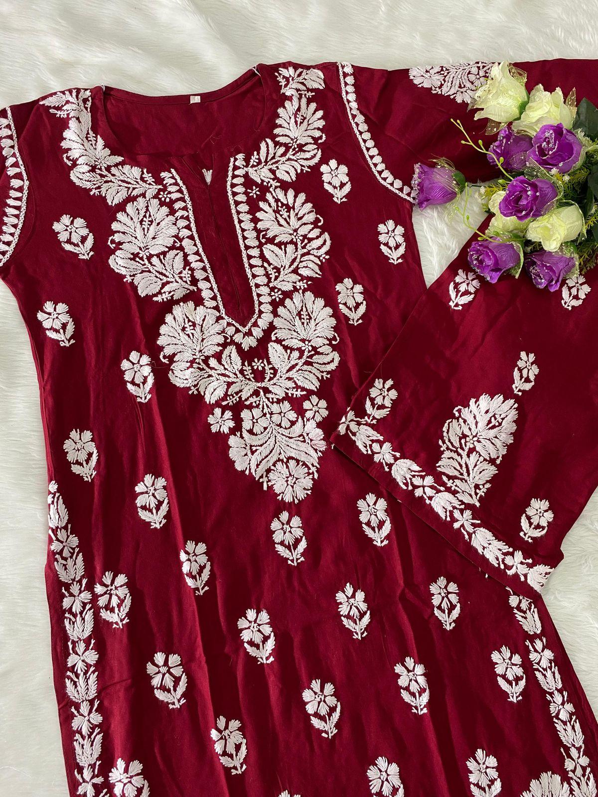 Maroon Chic Chikankari Rayon Kurti and Palazzo Set - Inayakhan Shop 