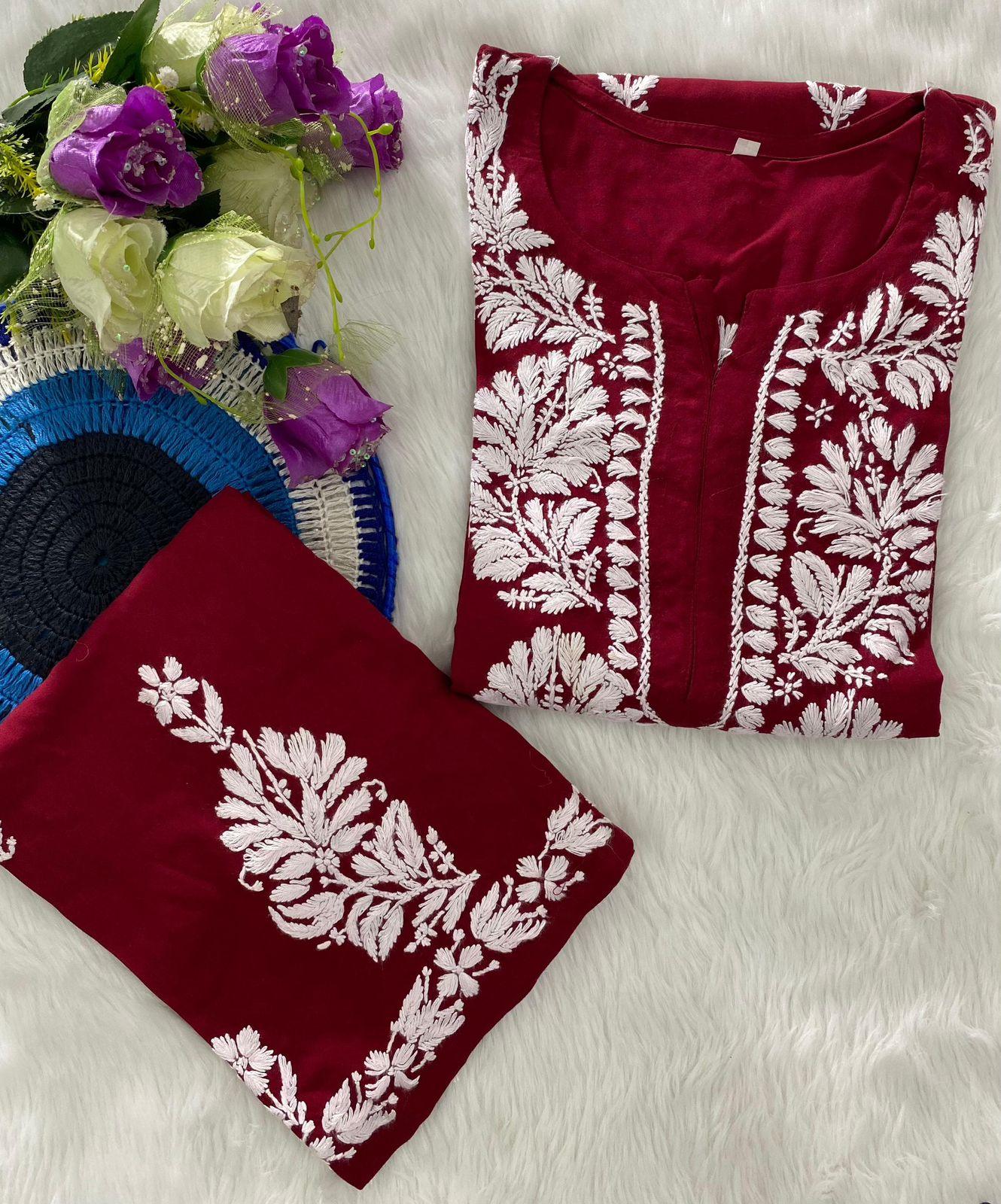 Maroon Chic Chikankari Rayon Kurti and Palazzo Set - Inayakhan Shop 