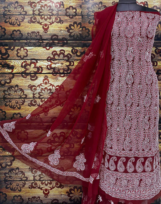 Maroon Chiffon Georgette 3-Pc Suit with Intricate Handwork Embroidery All Over Kurta Latest Online - Inayakhan Shop 