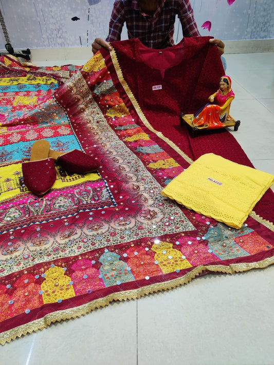 Maroon Chikankari Kurta and Yellow Pallazo With Jutti and Beautiful Multicolor Pakistani Mirror Dupatta - Inayakhan Shop 