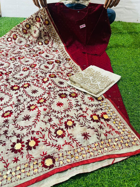 Maroon Chikankari Sequence Work Ready-to-Wear 3-Piece Set: Kurti, Plazo, Phulkari Pom Pom Dupatta - Inayakhan Shop 