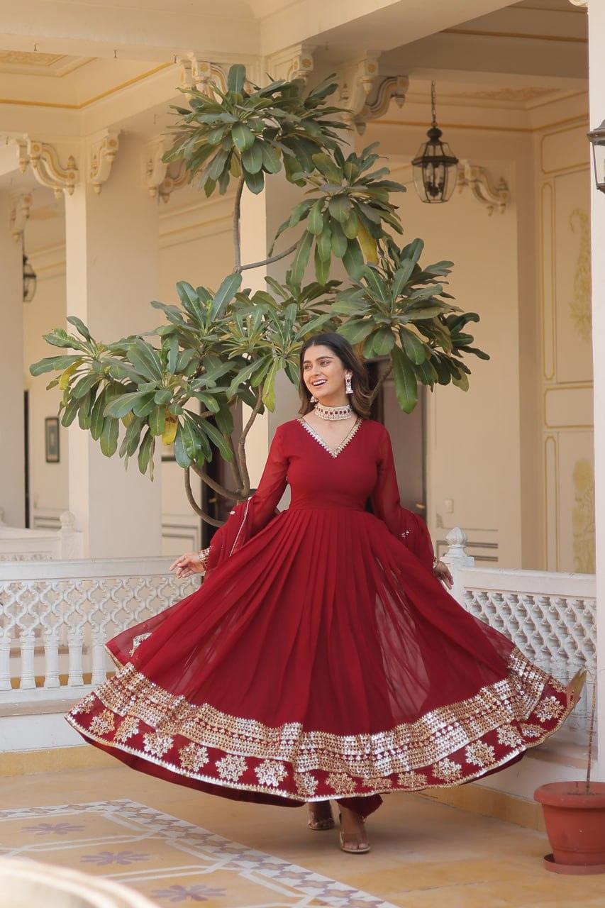 Maroon Color Blooming Gown with Dupatta and Attractive Embroidered Sequins Work - Inayakhan Shop 