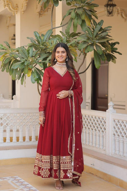 Maroon Color Blooming Gown with Dupatta and Attractive Embroidered Sequins Work - Inayakhan Shop 