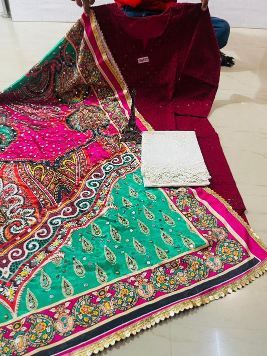 Maroon Color Chikankari Charm: Sequin Work Kurti with Plazo and Dupatta Set - Inayakhan Shop 