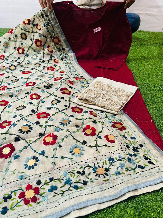 Maroon Color Chikankari Sequence Work Ready-to-Wear 3-Piece Set: Kurti, Plazo, Phulkari Pom Pom Dupatta - Inayakhan Shop 