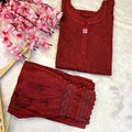 MAROON Elegant Cambric Cotton Chikankari Afghani Co-ord Ensemble