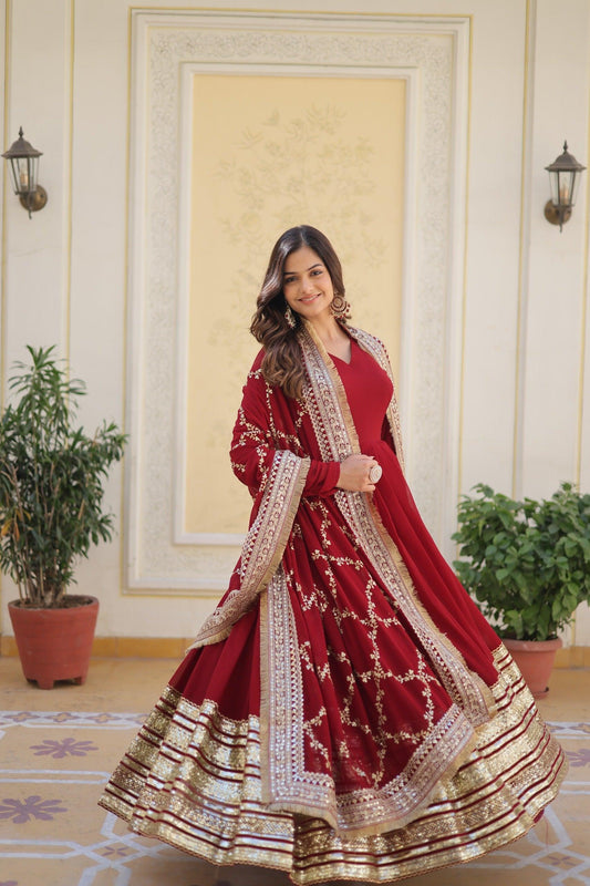 Maroon Embroidered Gown ensemble Limited Stock - Inayakhan Shop 