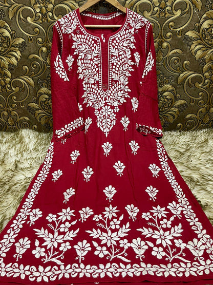 Maroon Exquisite Lucknowi Chikankari Modal Kurti with White Rayon Palazzo - Inayakhan Shop 