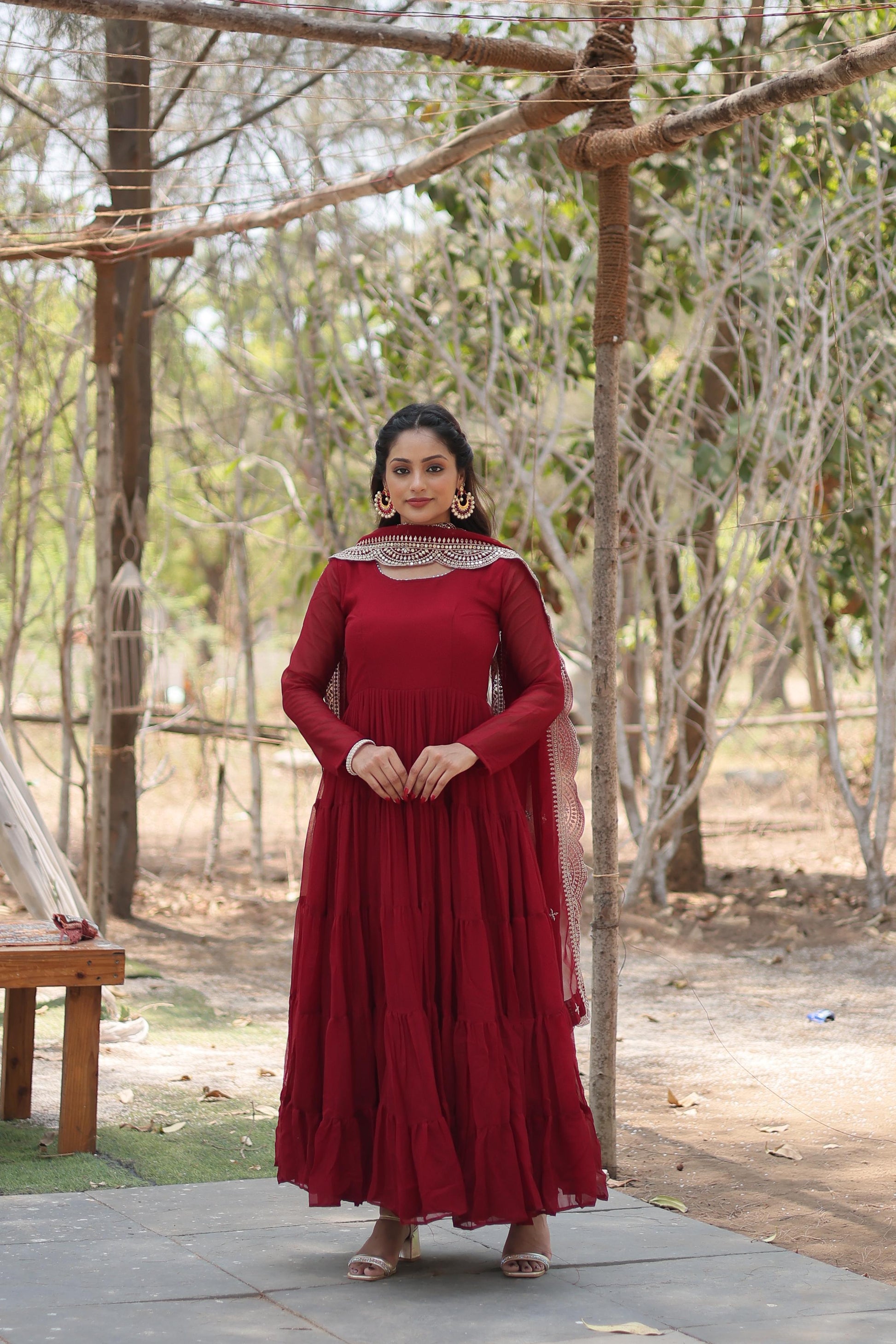 Maroon Fully Flared Gown with Designer Embroidered Dupatta - Inayakhan Shop 