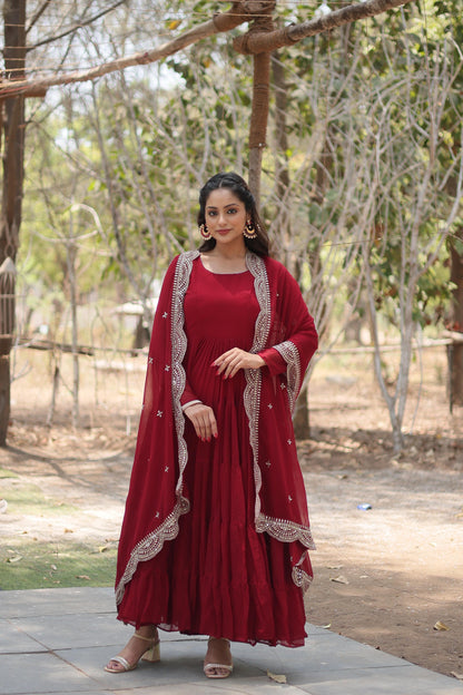 Maroon Fully Flared Gown with Designer Embroidered Dupatta - Inayakhan Shop 