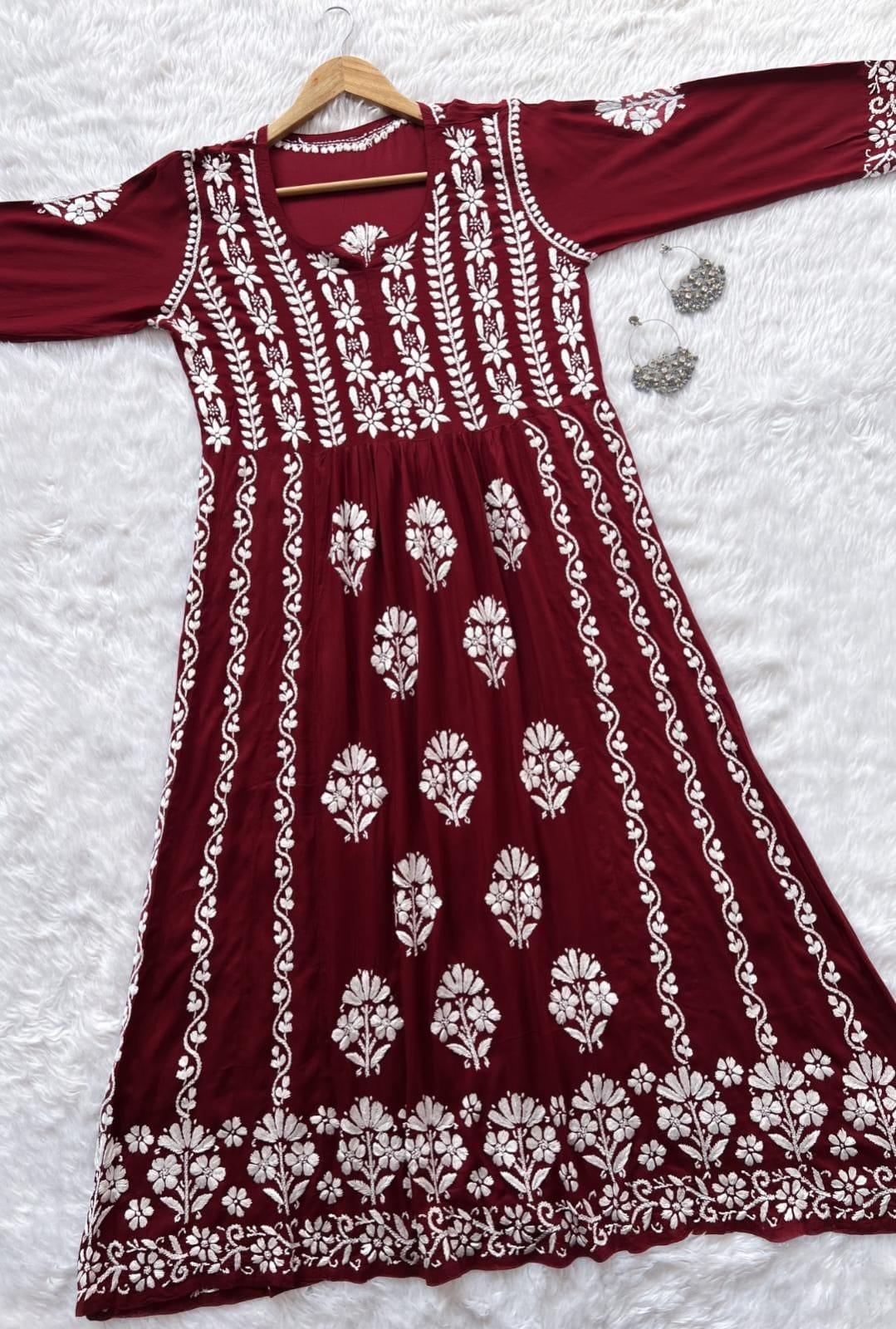 Maroon Green Party Wear Long Modal Heavy Chikankari Handwork A-Line Gown - Inayakhan Shop 