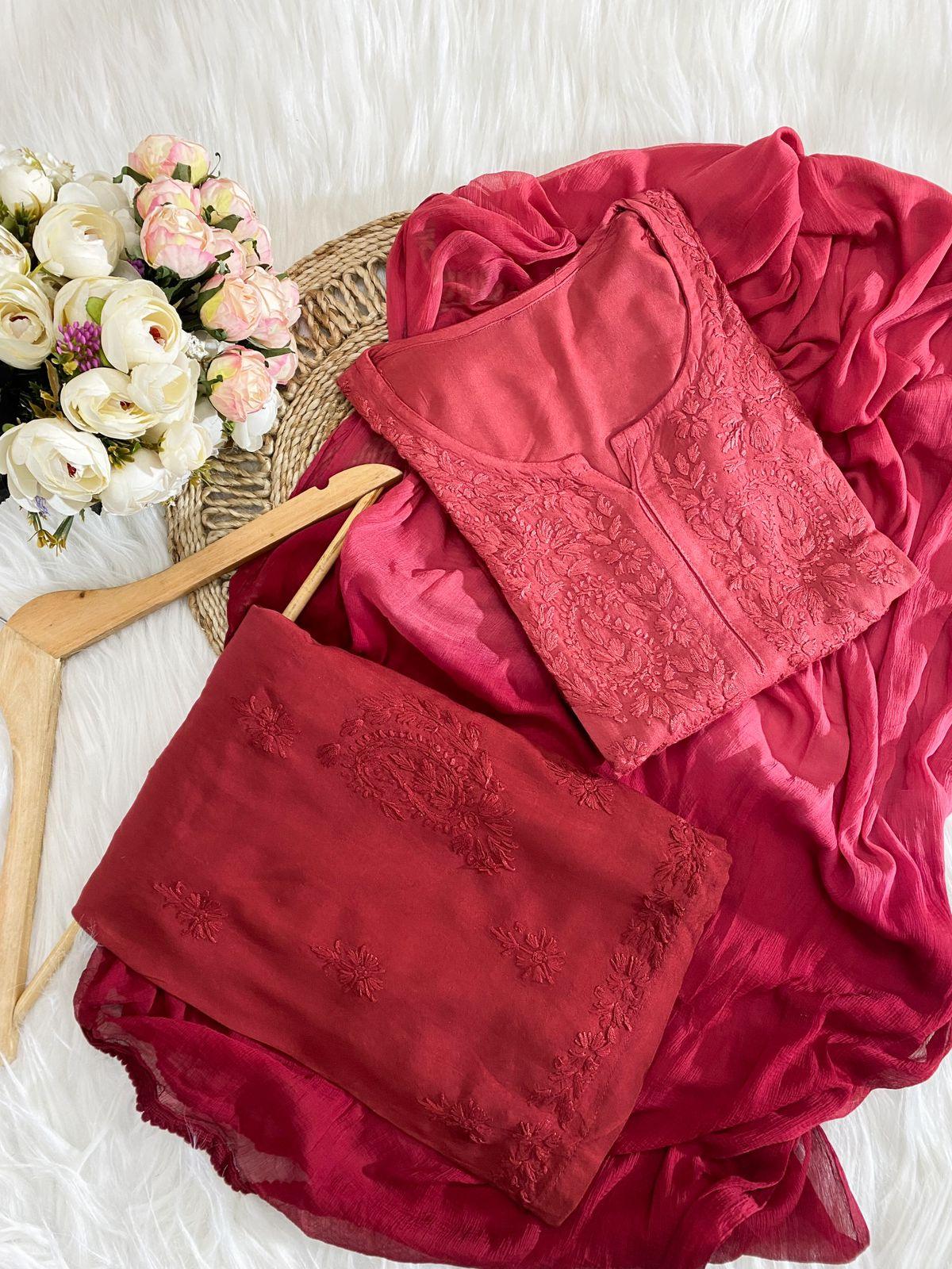 Maroon Handcrafted Soft Rayon 3-Piece Dyed Ombre Set - Inayakhan Shop 