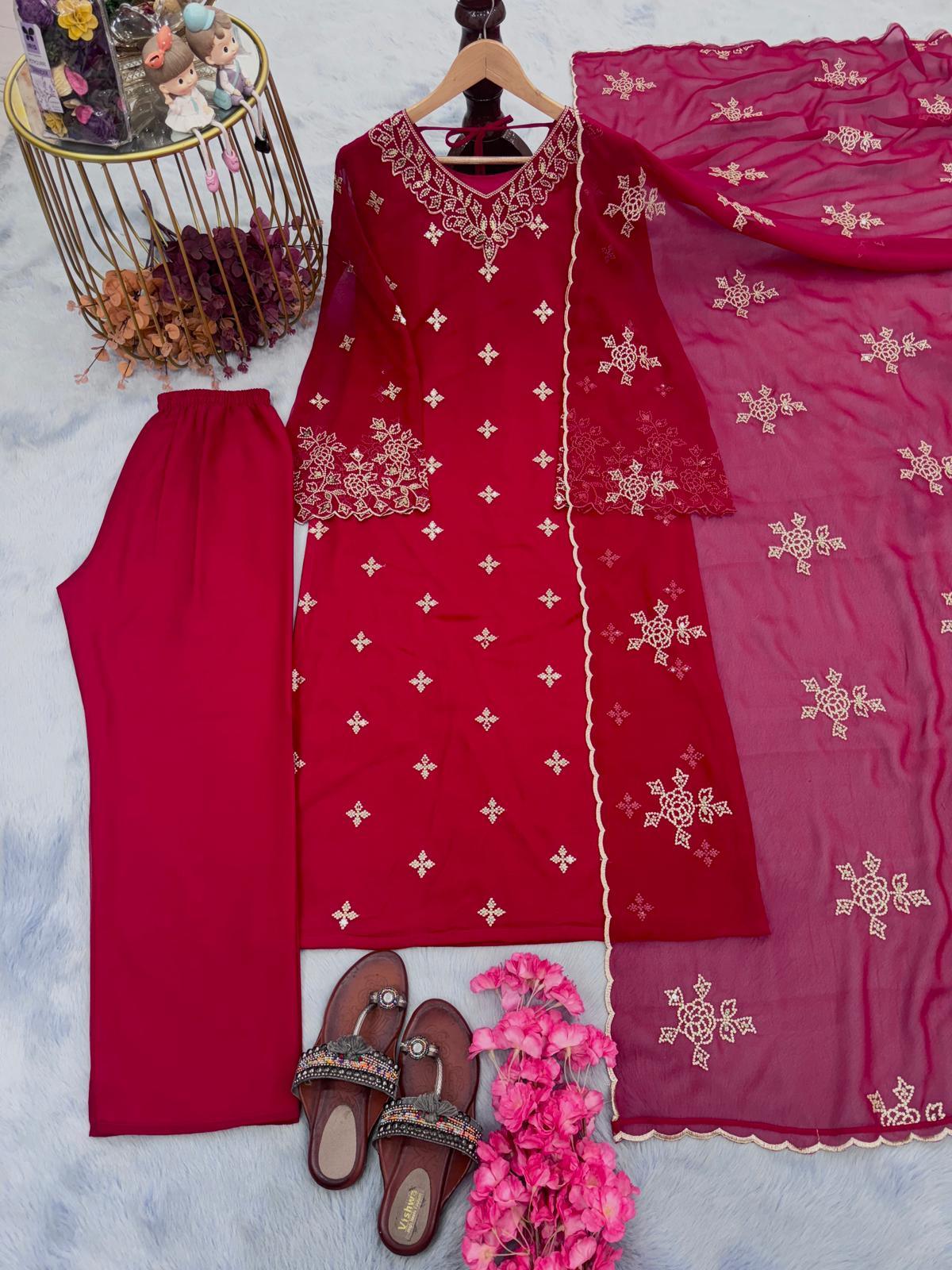 Maroon Inayakhan Designer Party Wear Faux Georgette Top, Plazzo, and Dupatta Set - Inayakhan Shop 