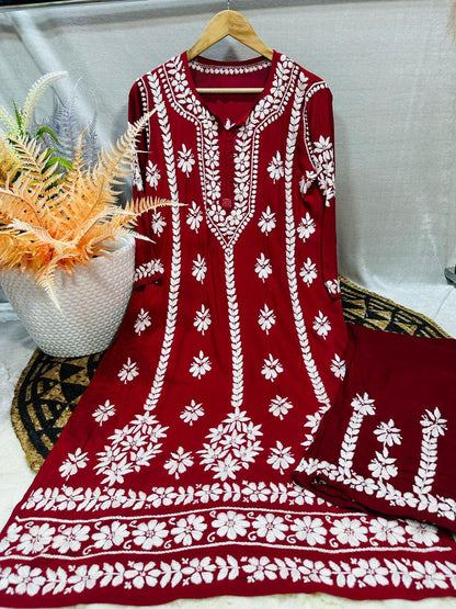 Maroon Lucknowi Chikankari Premium Heavy Designer Modal Palazzo Set - Inayakhan Shop 