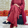 Maroon Lucknowi Chikankari Rayon Kurti and Palazzo Set with Chiffon Dupatta
