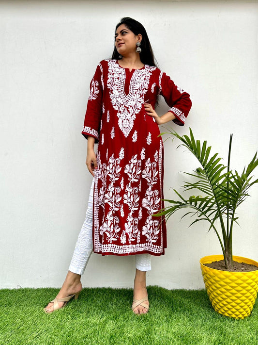 Maroon Lucknowi Luxe: Modal Kurti with Heavy Ghas Patti Work & White Chikankari Pants - Inayakhan Shop 