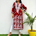 Maroon Lucknowi Luxe: Modal Kurti with Heavy Ghas Patti Work & White Chikankari Pants