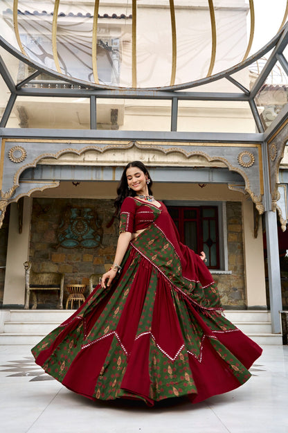 Deep maroon and olive green Ajrakh print Navratri lehenga choli with dupatta