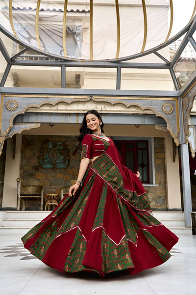 Deep Maroon & Olive Green Ajrakh Print Navratri Lehenga Choli