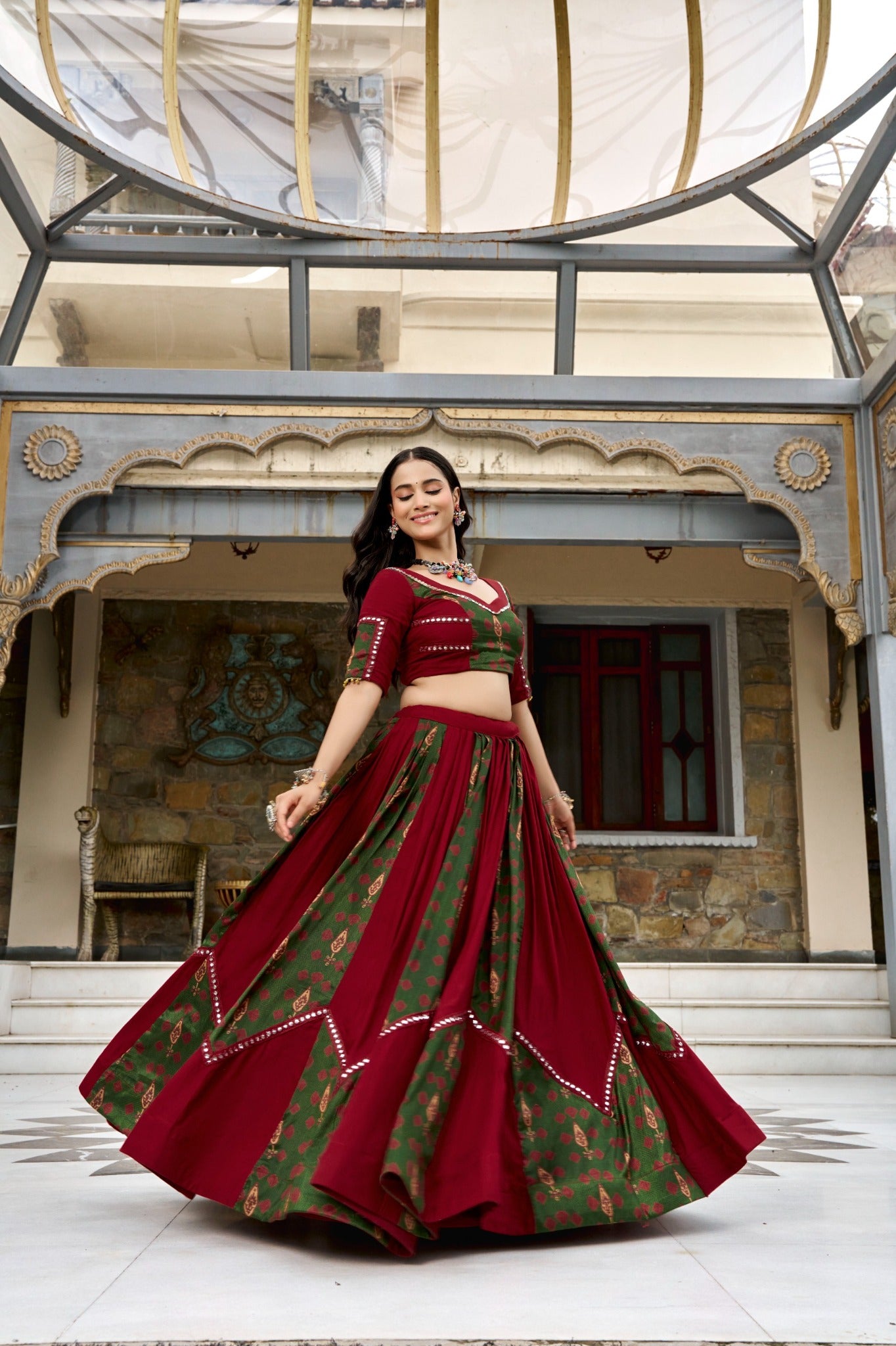 Deep maroon and olive green Ajrakh print Garba lehenga choli full view