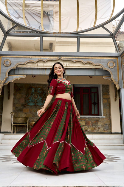 Deep maroon and olive green Ajrakh print Garba lehenga choli full view