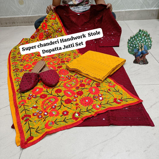 Maroon Pure Cambric Cotton Kurti with Beautiful Handwork Stole Dupatta Jutti Set - Inayakhan Shop 