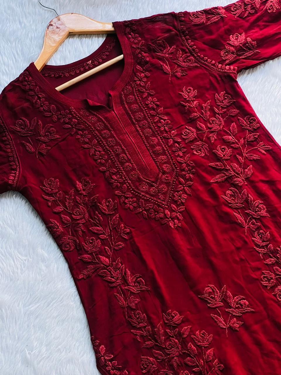 Maroon Royal Elegance 3D Viscose Premium Quality Chikankari Kurti - Inayakhan Shop 