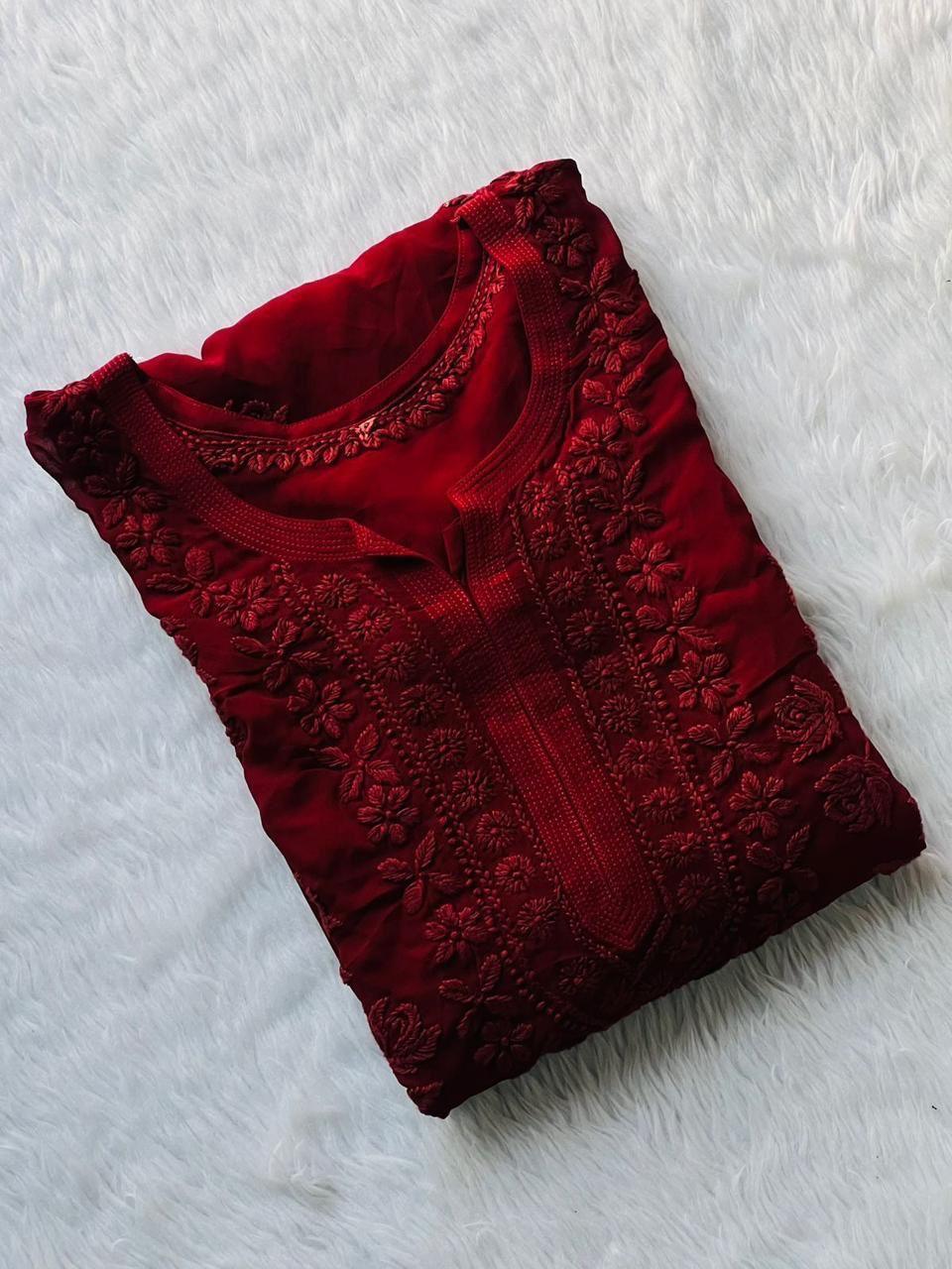 Maroon Royal Elegance 3D Viscose Premium Quality Chikankari Kurti - Inayakhan Shop 