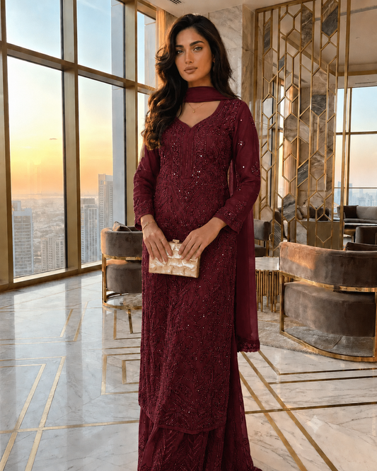 Deep Maroon Ethereal Viscose Chikankari & Mukaish Work Ensemble (NEW)
