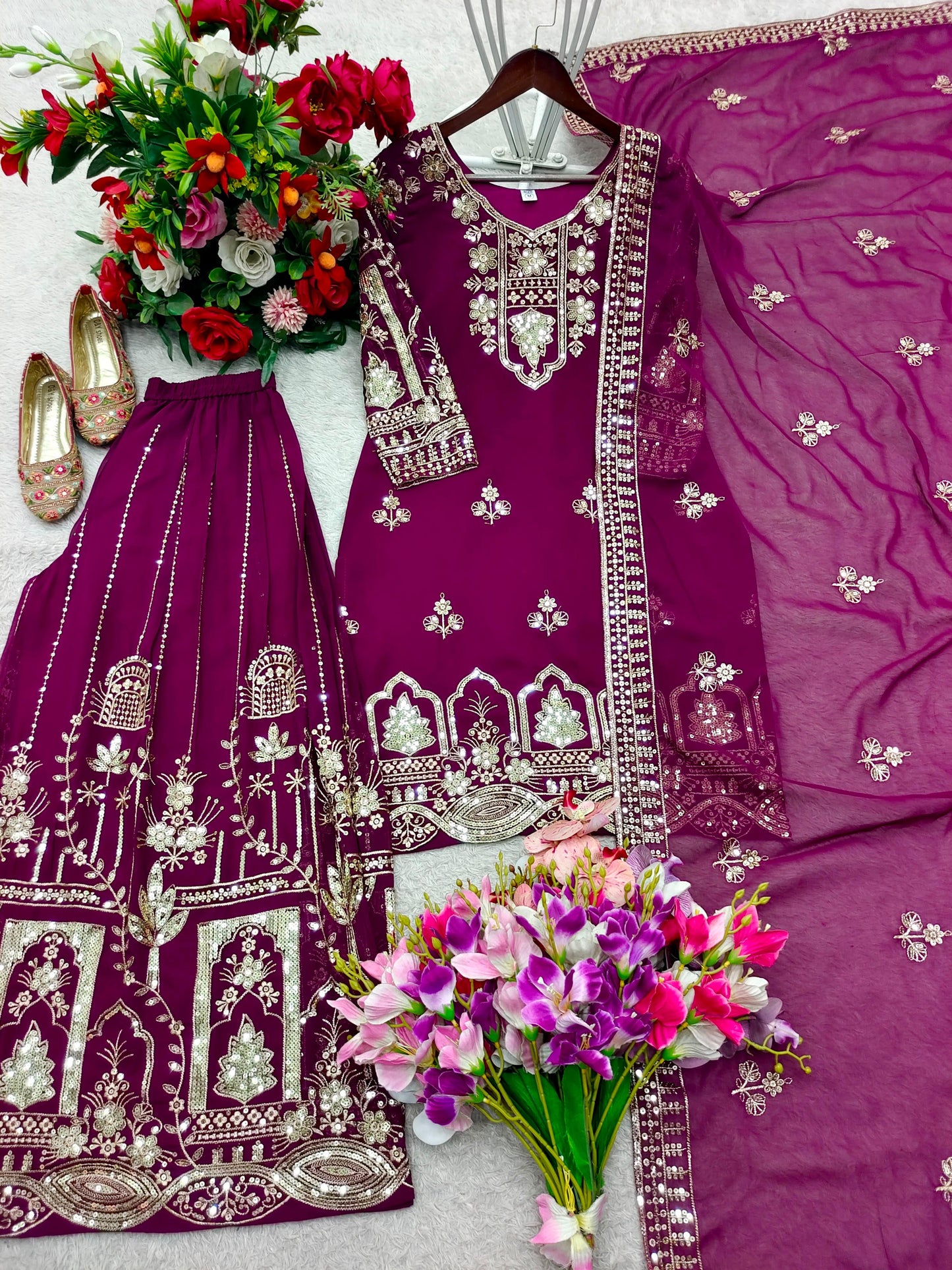 Maroon Wine Embroidered Georgette Sharara Suit Set