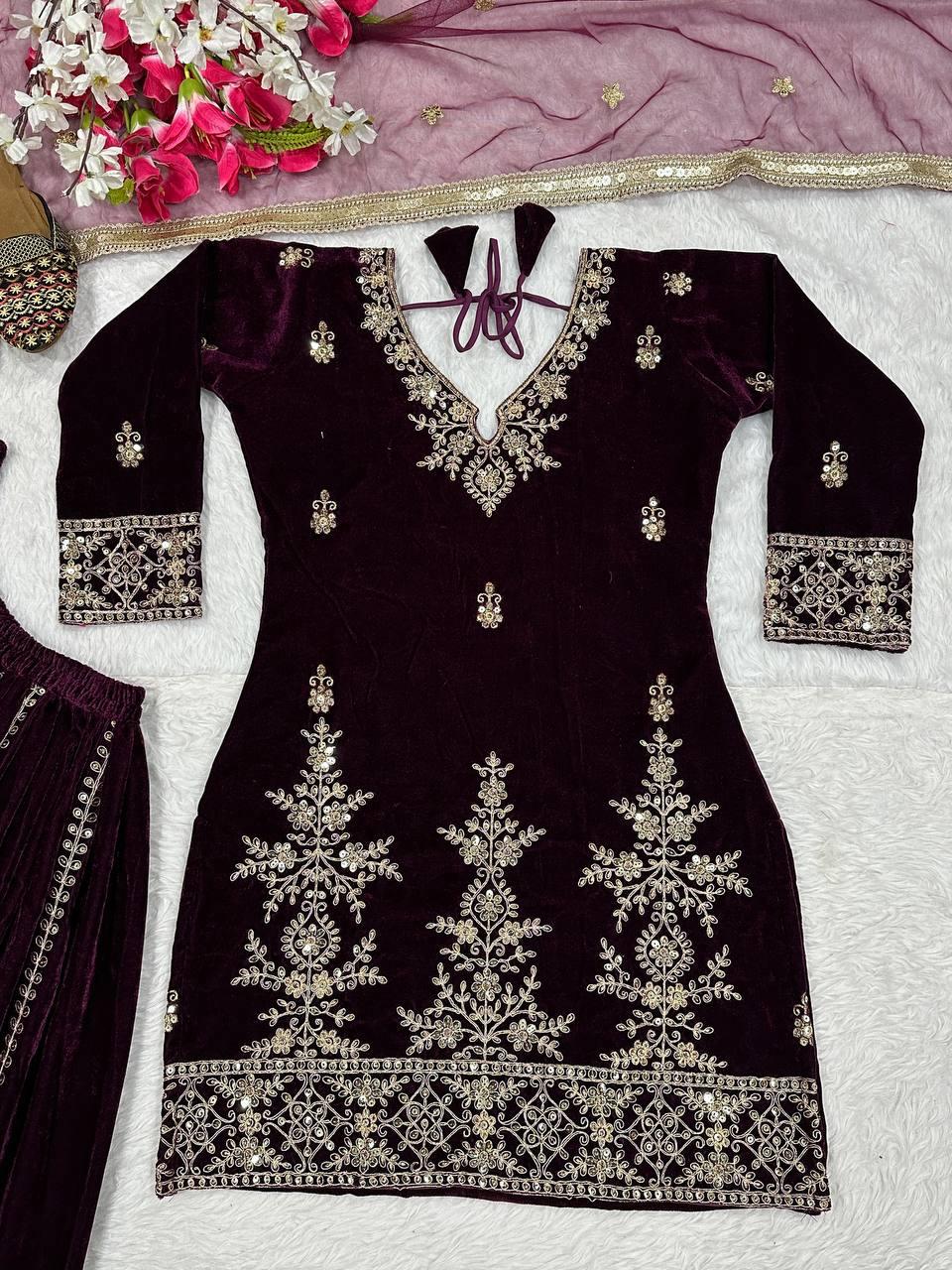 Wine Color Designer Party Wear Velvet Sharara Kameez with Dupatta
