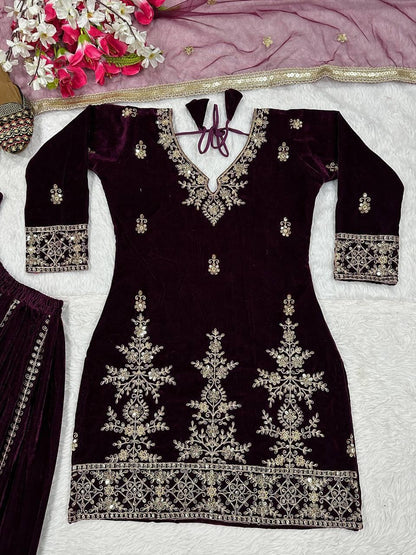 Wine Color Designer Party Wear Velvet Sharara Kameez with Dupatta