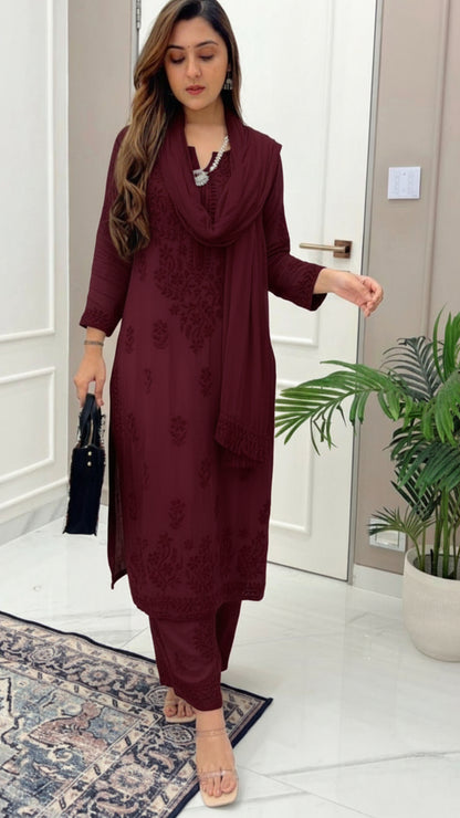 Maroon Ethereal Dyeable Modal Chikankari Kurta Set (New)