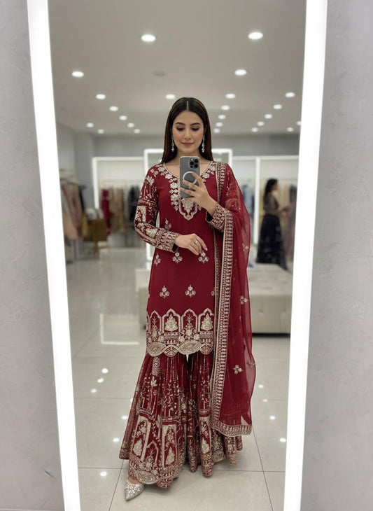 Maroon Wine Embroidered Georgette Sharara Suit Set