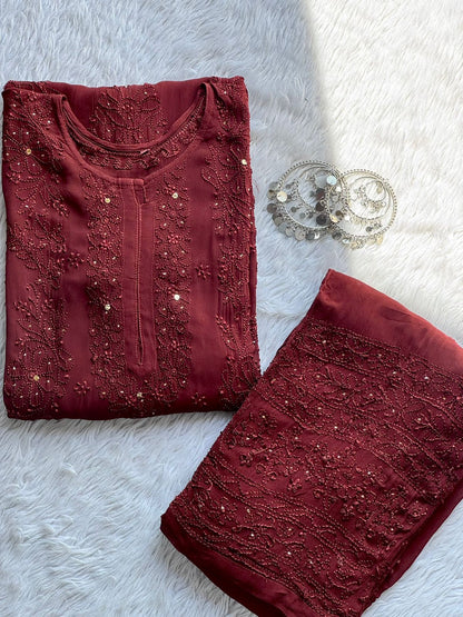 Maroon Premium Viscose Lucknow Chikankari Mukaish Work Set