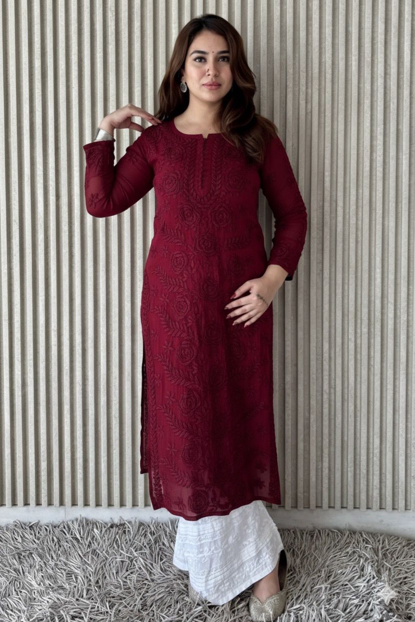 Maroon Lucknowi Chikankari Rose Viscose Georgette Kurta Set