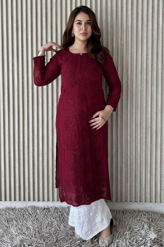 Maroon Lucknowi Chikankari Rose Viscose Georgette Kurta Set