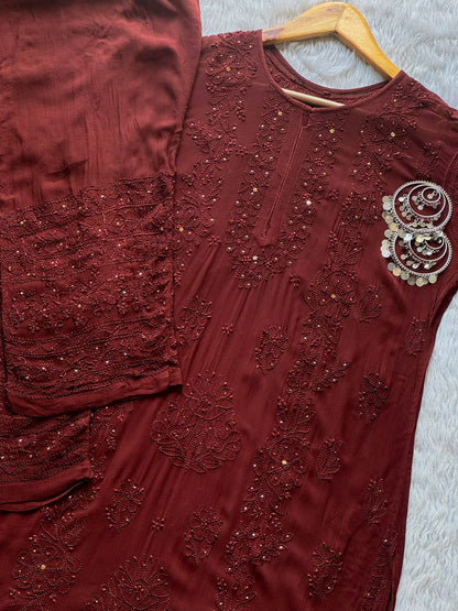 Maroon Premium Viscose Lucknow Chikankari Mukaish Work Set