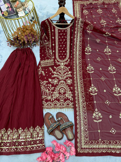 Maroon Designer Party Wear Heavy Faux Georgette Top, Palazzo Dupatta Set