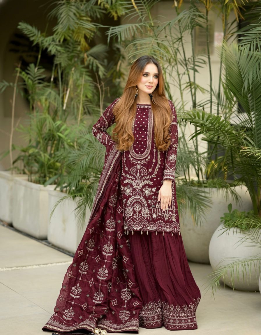 Maroon Designer Party Wear Heavy Faux Georgette Top, Palazzo Dupatta Set