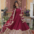 Maroon Embroidered Star Georgette Indian Gown with Dupatta Set